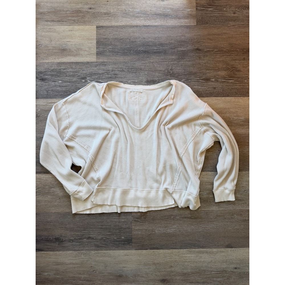 We The Free Free People Cream Waffle Knit Thermal V-Neck Oversized Top Medium